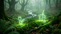 Lush forest with moss-covered logs and glowing neon green renewable energy icons including wind turbines and electric plug symbols, representing sustainable power and eco-friendly technology in nature.