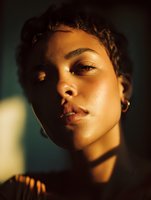 Close-up portrait of young African American woman with braided hair in warm golden light against dark background, showcasing natural beauty and glowing skin.