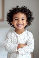 Young African American child with curly natural hair wearing white patterned top smiles brightly while standing with crossed arms against light background.