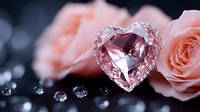 Pink crystal heart gemstone with diamond border next to delicate rose petals on dark background with scattered crystals creating romantic mood.