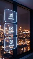 Futuristic holographic interface with analytics, messages and settings icons floating over city skyline at night for business technology concepts.