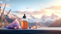 Amber essential oil dropper bottle with amethyst crystal and healing stones against mountain sunset backdrop for aromatherapy and wellness practices.