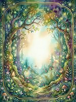 Watercolor enchanted forest frame with glowing lights, mushrooms, fairy houses, and lush greenery, forming a magical arch with copy space.
