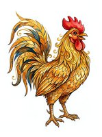 Colorful rooster with golden plumage and red comb isolated on white background, ready for design projects, clipart, and decorative applications.