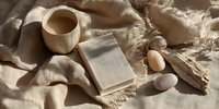 Minimalist beige composition with wooden cup of coffee, blank notebook, smooth stones and natural textiles on neutral linen background.