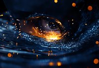 Dramatic macro shot of water splash with glowing orange sparks and bokeh lights against dark blue background creating magical atmosphere for creative design.