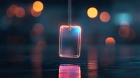 Glowing neon smartphone outline suspended on dark background with bokeh lights and reflection on wet surface. Modern technology concept for mobile apps and digital devices.