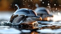 Dolphins jumping out of ocean water with dramatic splash and water droplets in golden sunset light creating dynamic marine wildlife scene.