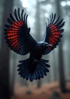 Majestic black raven with spread wings showing dramatic red undertones soars through misty forest atmosphere, creating mysterious and powerful natural scene.