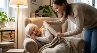 Young woman caregiver helping elderly man with blanket in comfortable living room. Healthcare assistance, senior care, family support at home.