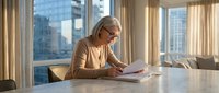 Senior Caucasian businesswoman reviewing documents at modern office table with city skyline view through large windows during daytime work session.