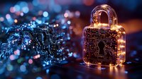 Glowing digital padlock with circuit pattern on dark background with bokeh lights represents cybersecurity and data protection in modern technology.