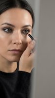 Young woman applying black eyeliner pencil to lower eyelid in close-up beauty portrait for makeup tutorials and cosmetic advertising campaigns.