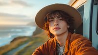 Young Asian woman in wide-brim hat gazing at sunset from car window, wearing orange jacket against coastal background, warm golden hour lighting creates dreamy mood.
