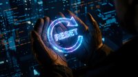 Hands holding glowing reset button with digital interface elements and futuristic technology background for business transformation concepts.