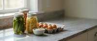 Fresh farm eggs and homemade preserves on marble kitchen counter creating rustic cooking scene for healthy meal preparation and sustainable living.
