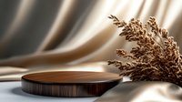 Wooden podium display stand with dried wheat grass decoration on beige fabric background with natural sunlight shadows for product presentation.