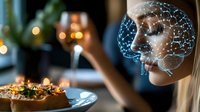 Digital brain visualization overlaid on profile view at dinner table with glowing candles and plated food, illustrating artificial intelligence and cognitive processes.