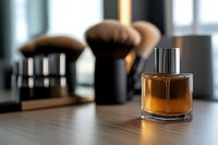 Elegant amber fragrance in glass bottle with makeup brushes in soft focus background, luxury cosmetics and beauty products on wooden surface.