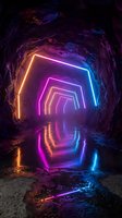 Underground cave tunnel with vibrant neon lights creating geometric portal effect. Futuristic cyberpunk atmosphere with colorful LED illumination and water reflections.
