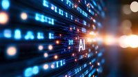 Futuristic AI artificial intelligence concept with glowing digital data streams and bokeh lights representing machine learning technology advancement.