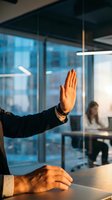 Business professional raising hand in modern office meeting room with glass walls and city view background for corporate communication concepts.
