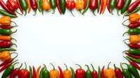 Colorful hot chili peppers frame border on white background. Fresh spicy vegetables arranged in decorative pattern for cooking and culinary design projects.