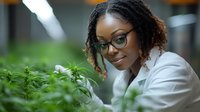 Young African American female scientist in lab coat examining cannabis plants in modern indoor growing facility, conducting agricultural research and quality control.