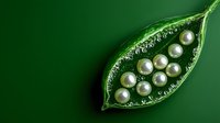 Elegant white pearls arranged in green leaf-shaped jewelry dish against rich emerald background, showcasing luxury organic design concept.