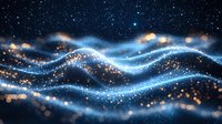Magical glowing waves of blue light with golden sparkles and bokeh effects flowing through dark space creating an abstract cosmic pattern.