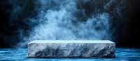 Empty stone podium on dark background with blue smoke or fog effect, dramatic product display platform for presentation against mystical atmosphere.