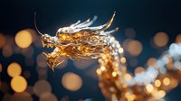 Golden dragon sculpture with flowing mane against blurred bokeh lights, symbolizing wealth, prosperity and good fortune for luxury design projects.