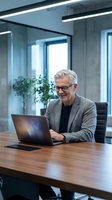 Senior male professional with white hair and glasses working on laptop at wooden desk in modern office with glass partitions and natural light.