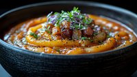 Creamy pumpkin soup garnished with crispy bacon bits and fresh herbs served in black ceramic bowl. Rich orange color and smooth texture create appetizing presentation.
