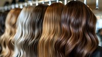 Professional hair color samples displaying various brown and blonde shades in salon setting for hairstylist consultation and client selection.