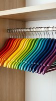 Colorful rainbow hangers arranged in spectrum order on closet rod in modern wooden wardrobe for organized clothing storage and home organization.