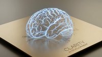 Transparent glass brain model on wooden surface with holographic blue glow effect for medical education neuroscience research and healthcare presentations.