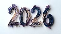Ornate paper quilled numbers 2026 in navy blue and silver with delicate floral and swirl patterns, decorated with purple flowers on white background.