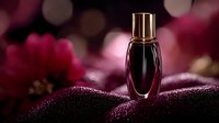 Luxury perfume bottle on burgundy velvet surface with soft bokeh lights background creates elegant atmosphere for cosmetic and fragrance advertising.