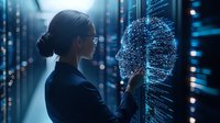 Female IT specialist examining digital face projection in modern data center with glowing server racks and blue technology interface.