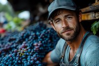 Caucasian male winemaker with beard and cap smiling next to freshly harvested blue grapes at vineyard during autumn harvest season.