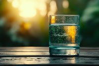Sparkling water glass with bubbles on wooden surface against blurred natural bokeh background, refreshing summer drink in sunlight.