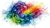 Vibrant rainbow watercolor splash with flowing organic shapes and paint splatters on white background, perfect for creative design projects and artistic concepts.