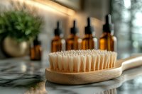 Natural bamboo body brush with soft bristles on marble counter, amber glass bottles and green plant in background, spa wellness setting.