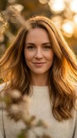 Young Caucasian woman with auburn hair smiling softly outdoors in warm golden sunset light, wearing a cream knit sweater, bokeh background.