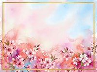 Watercolor floral border with pink cherry blossoms and delicate branches on pastel gradient background for spring designs and romantic projects.