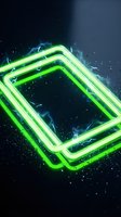 Glowing neon green rectangular frame with electric blue energy effects and particles on dark background. Suitable for tech, gaming, and digital design projects.