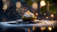 Magical food photography of matcha dessert with whipped cream and gold dust sprinkles on dark background with bokeh lights creating dreamy atmosphere.
