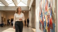 Middle-aged Caucasian woman in business casual attire walking through modern art gallery with colorful abstract paintings and natural skylight.