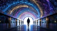 Silhouette of person walking through futuristic tunnel with swirling galaxy stars and cosmic light effects creating mystical corridor atmosphere.